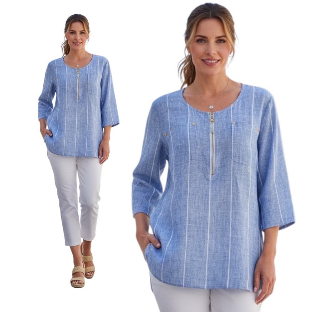Ellen‎ Tracy 100% Linen Blue White Striped Shirt Size Large Women
